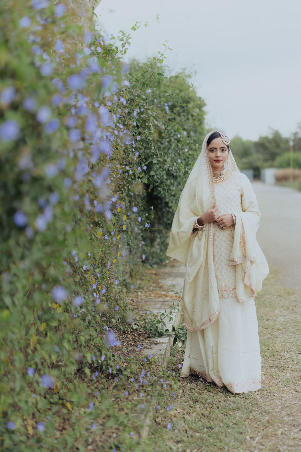A woman in elegant cream salwar kameez with dupatta stands near blooming purple flowers in a garden.