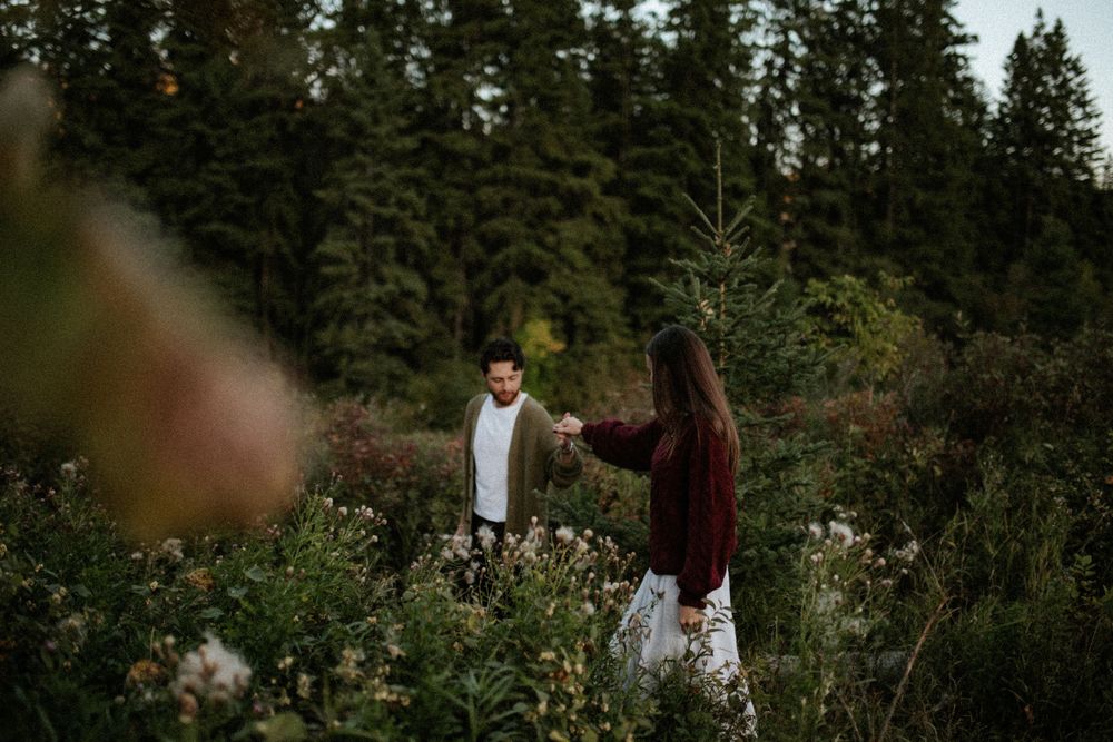 Couple holding hands while walking through a wildflower meadow surrounded by tall evergreen trees at golden hour.