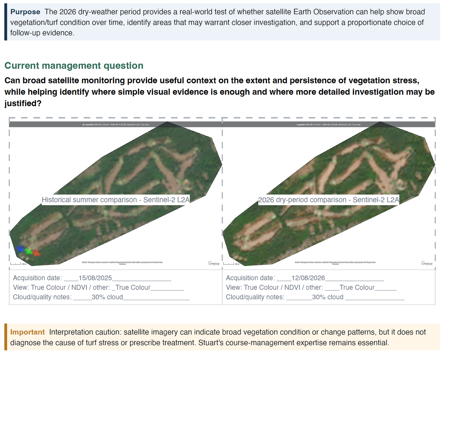 Satellite imagery comparison showing vegetation stress on a golf course using NDVI true-colour analysis from Sentinel-2.