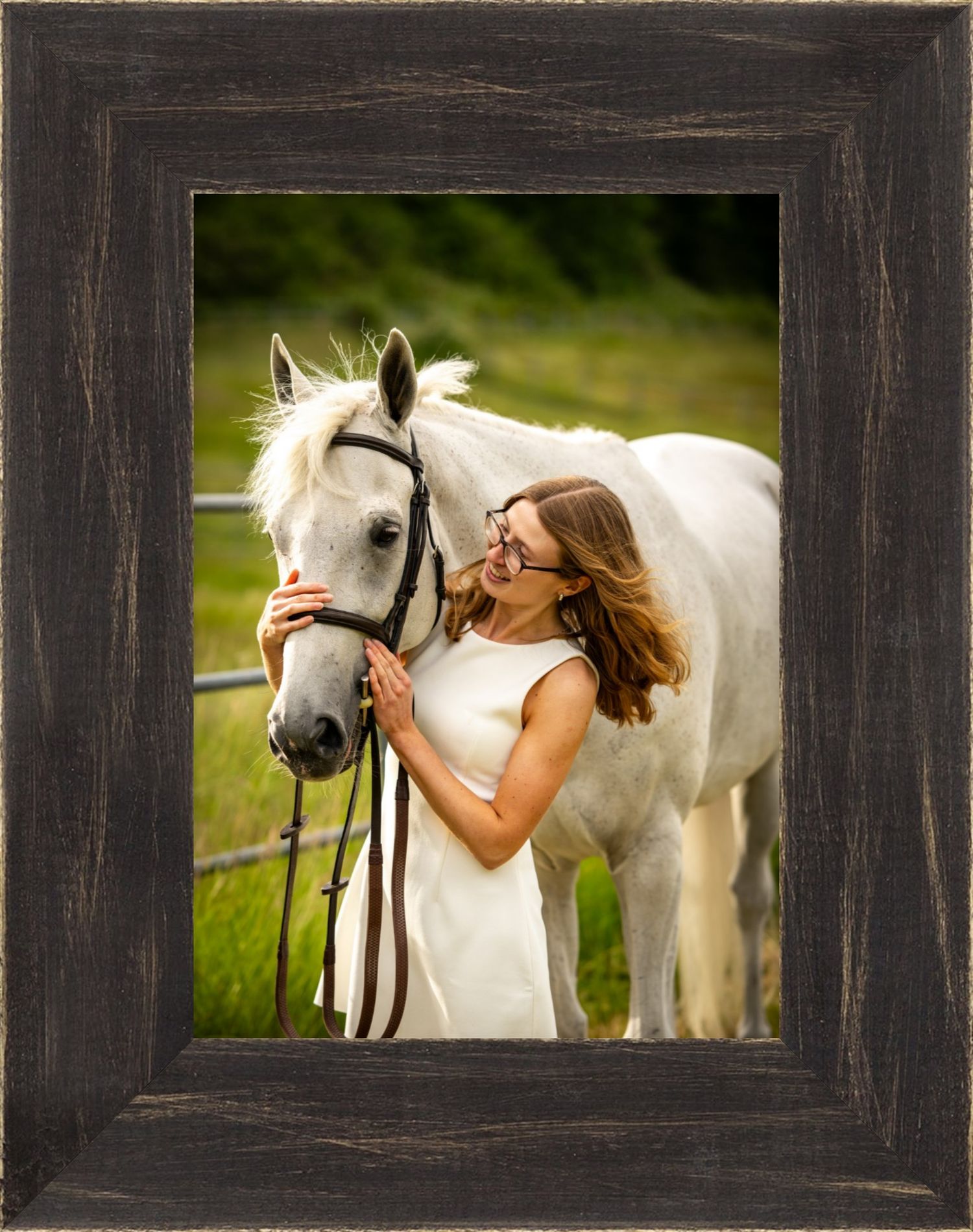 Two framed horse photography prints displayed above a sofa, showing close-up views of horse hindquarters and hooves.
