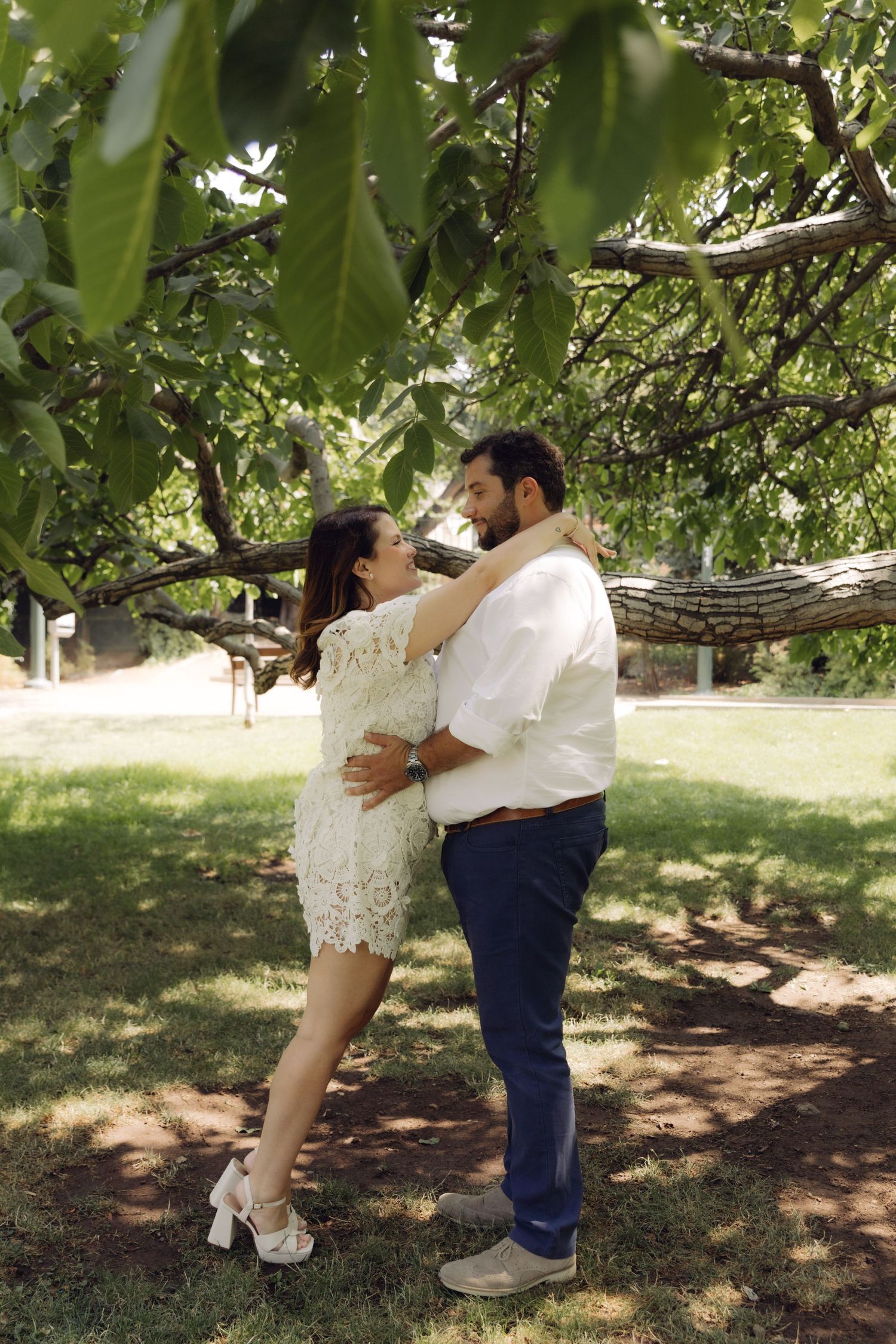 Couple embracing and gazing at each other under green tree branches in a sunlit park setting.