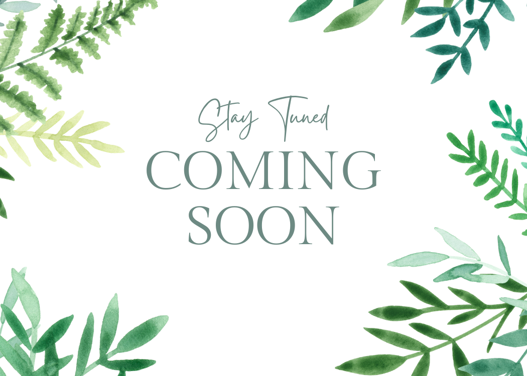 Coming soon announcement card with elegant green watercolor botanical leaves border on white background.