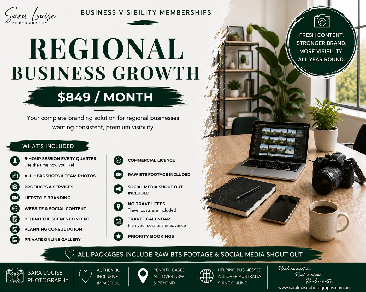 Sara Louise Photography Regional Business Growth membership flyer offering branding solutions for $849 per month.