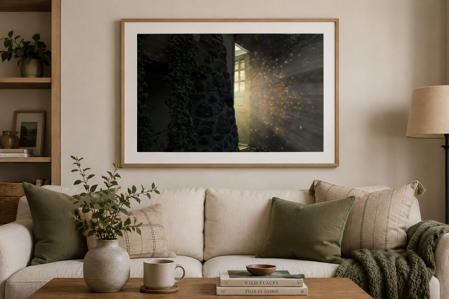 Cozy living room with beige sofa, green pillows, and framed dark moody artwork with light rays on the wall.