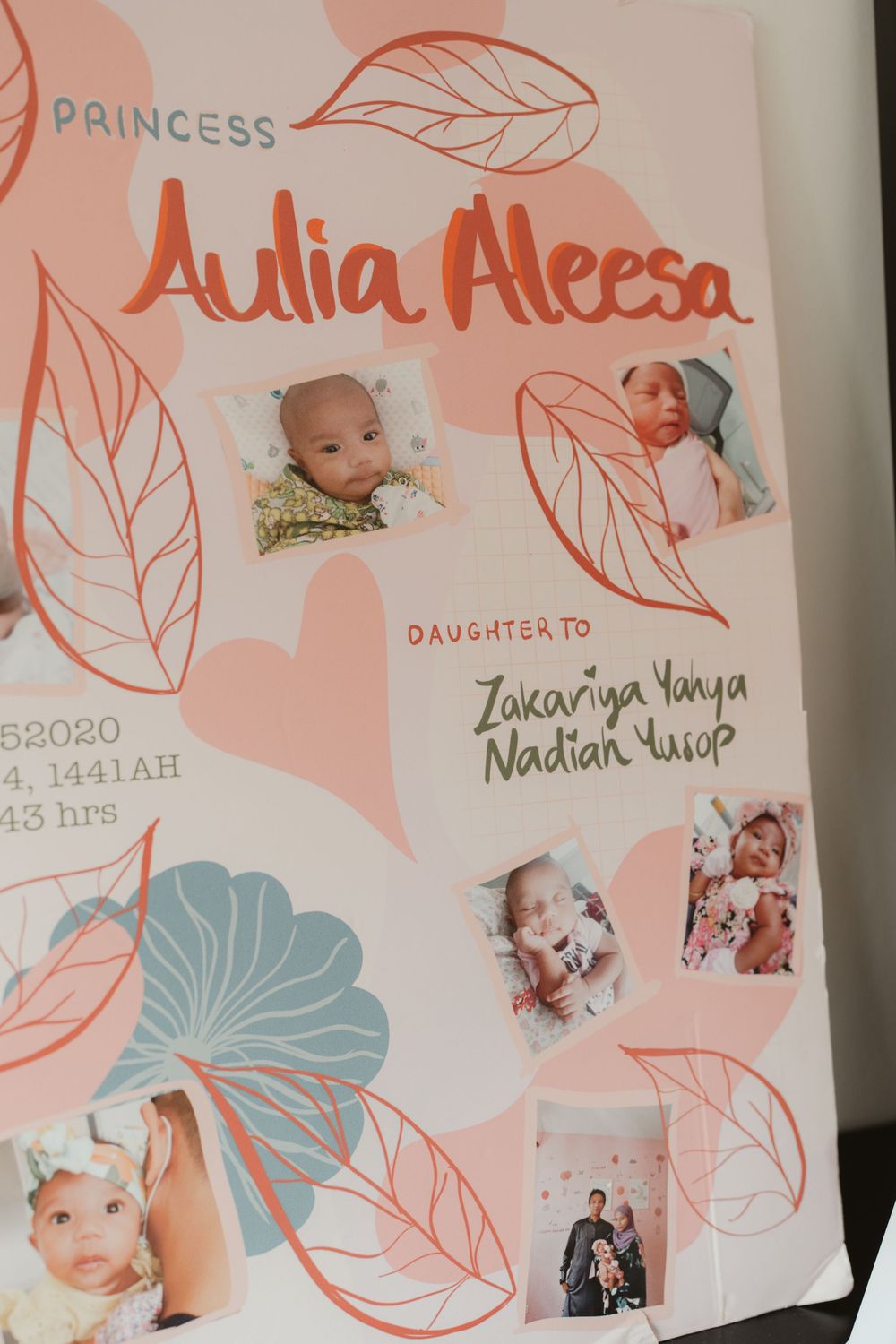 Pink birth announcement poster for Princess Aulia Aleesa, daughter of Zakariya Yanya and Nadian Yusop, with baby photos.