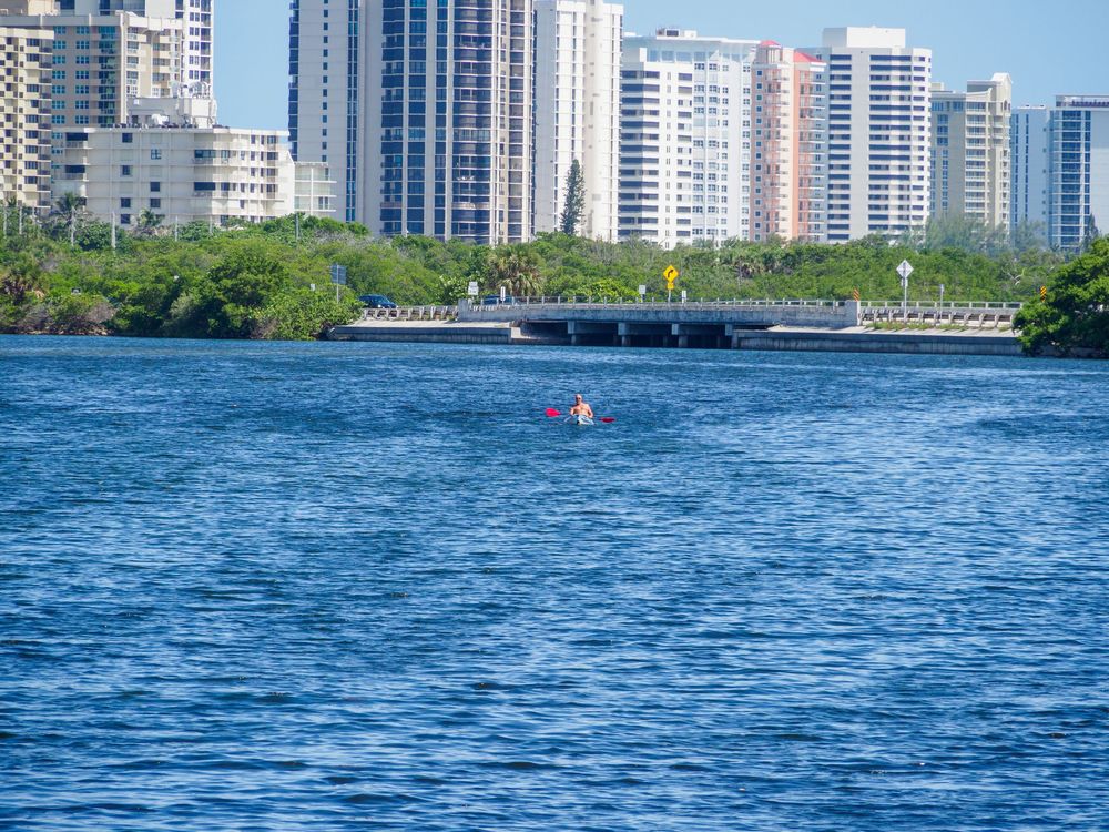 Kayaker paddling on blue urban waterway with colorful high-rise buildings in the background.