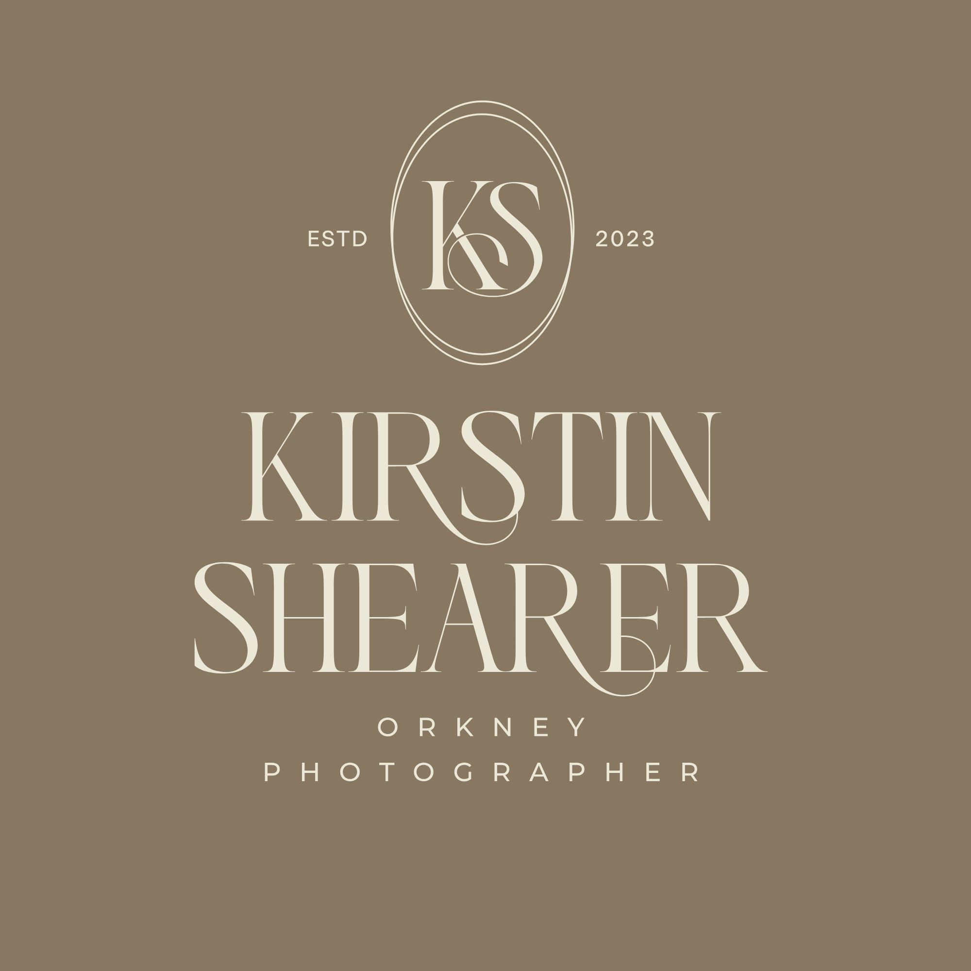 Logo for Kirstin Shearer, Orkney Photographer, established 2023, featuring elegant KS monogram on tan background.