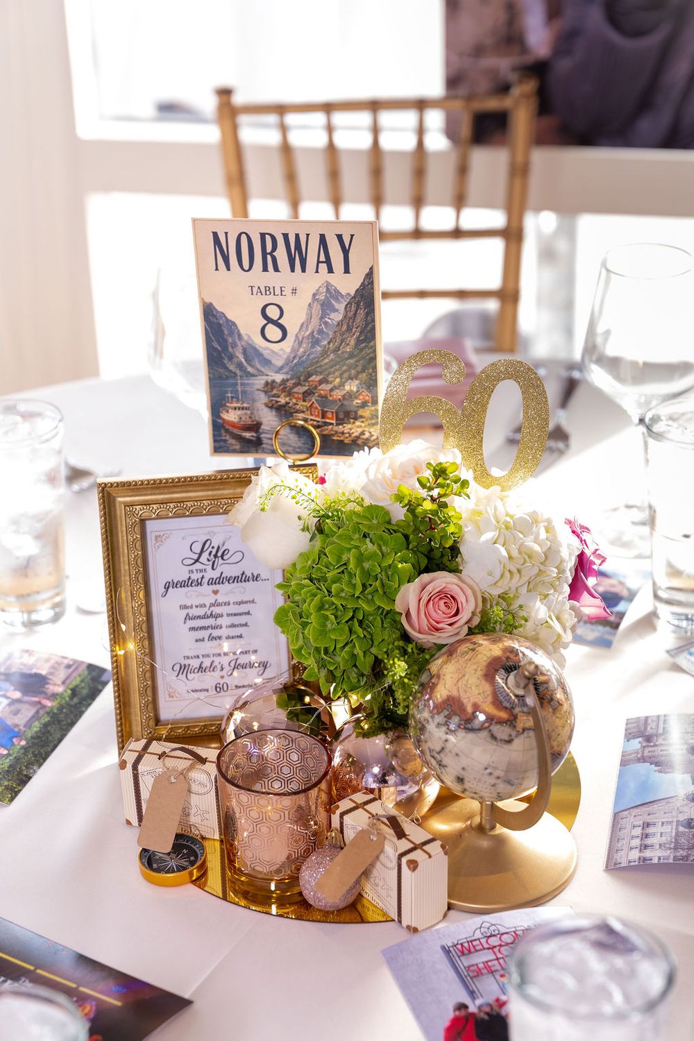 Travel-themed party centerpiece with Norway table 8 sign, floral arrangement, gold globe, and decorative framed quote on white tablecloth.