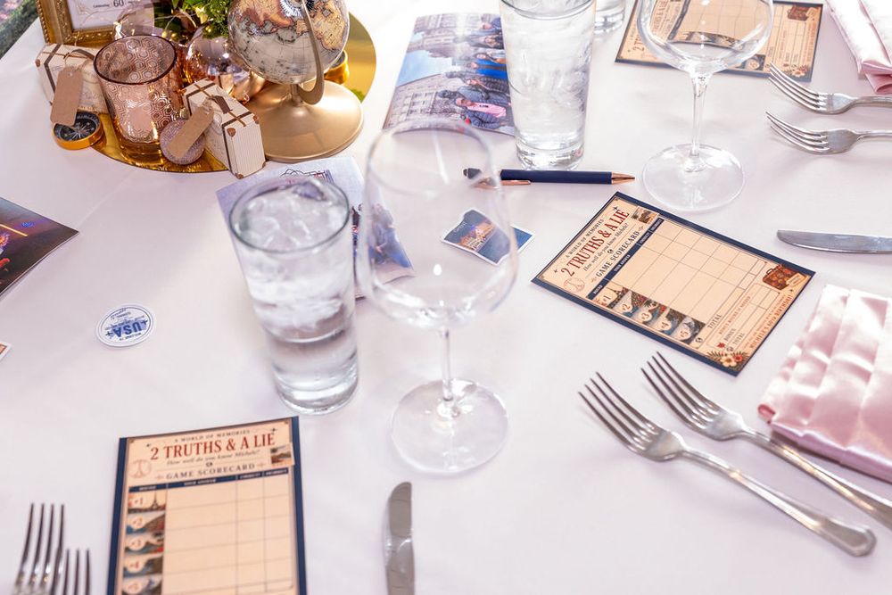 Elegant wedding reception table setting with wine glasses, silverware, and fun 2 Truths & a Lie game cards.