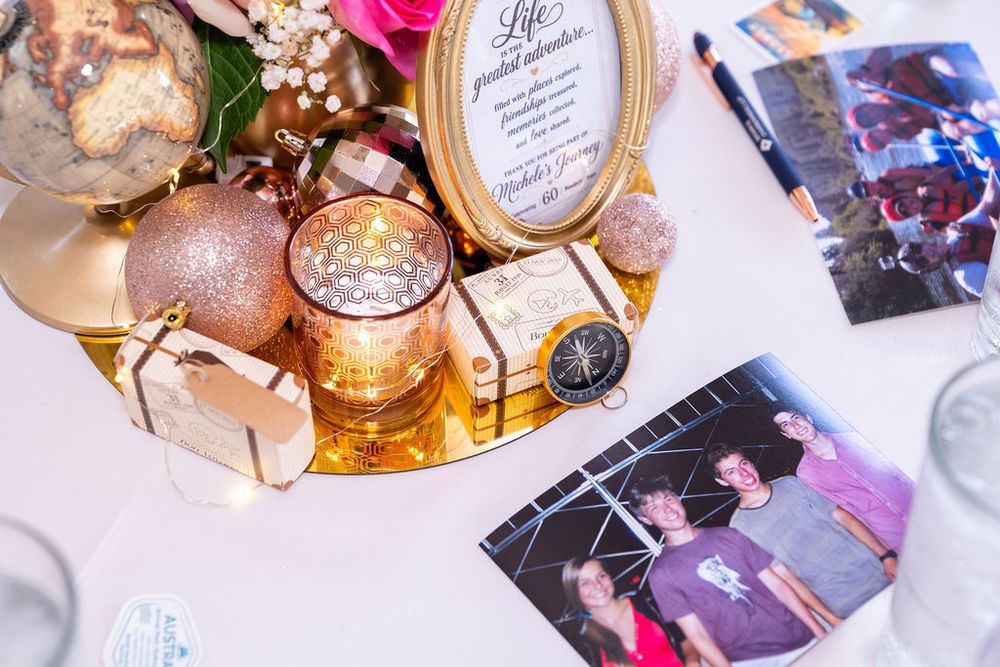 Gold travel-themed wedding centerpiece with compass, candles, and globe on tray beside candid party photos.