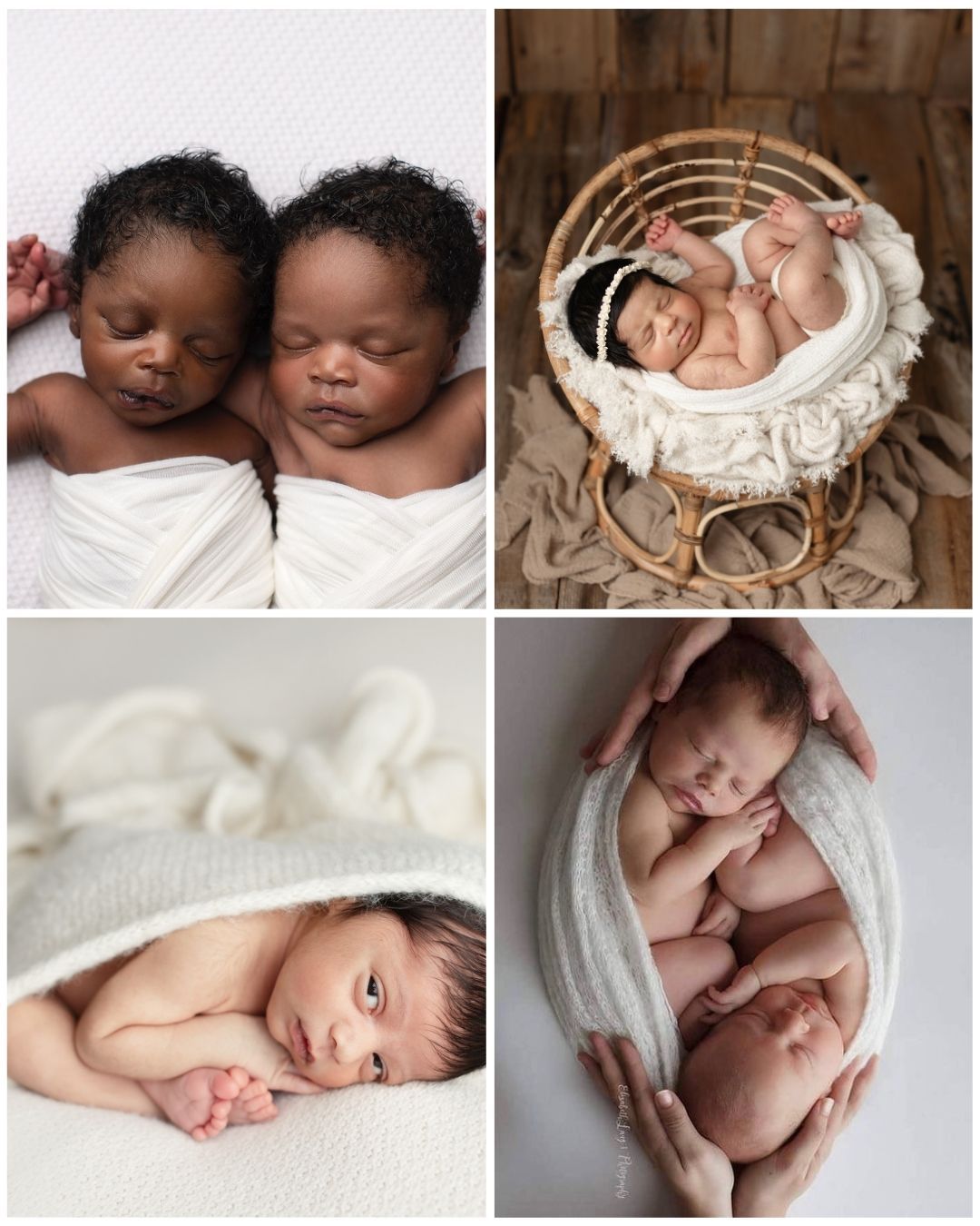 Newborn photography collage featuring sleeping babies wrapped in soft white fabric, posed in a basket and cradled in gentle hands.