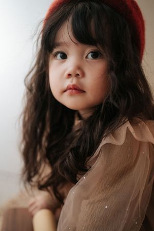 A young Asian girl with long dark wavy hair wearing a red beret and sheer beige dress looks thoughtfully upward.