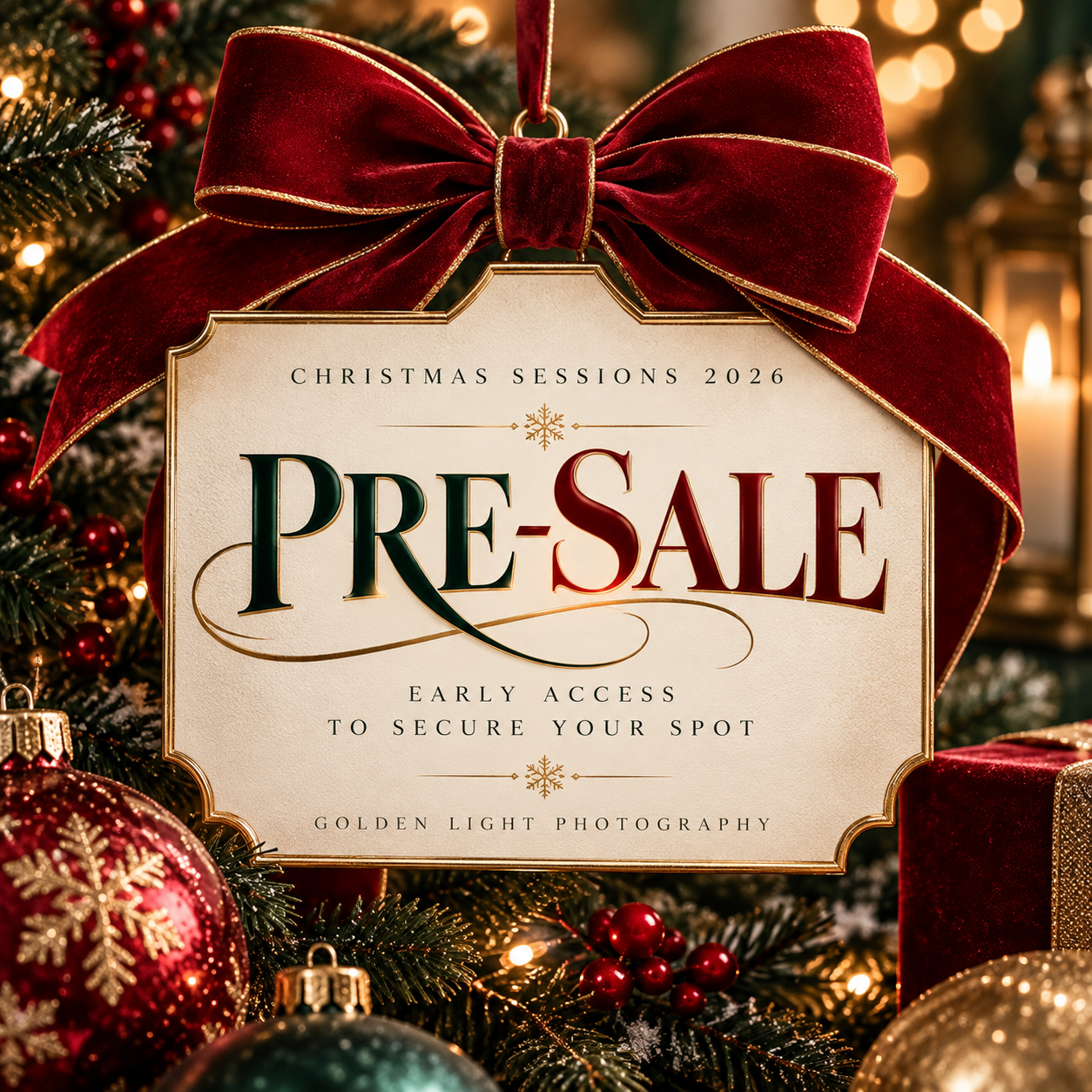 Golden Light Photography Christmas Sessions 2026 pre-sale ornament tag with red bow on festive holiday tree.