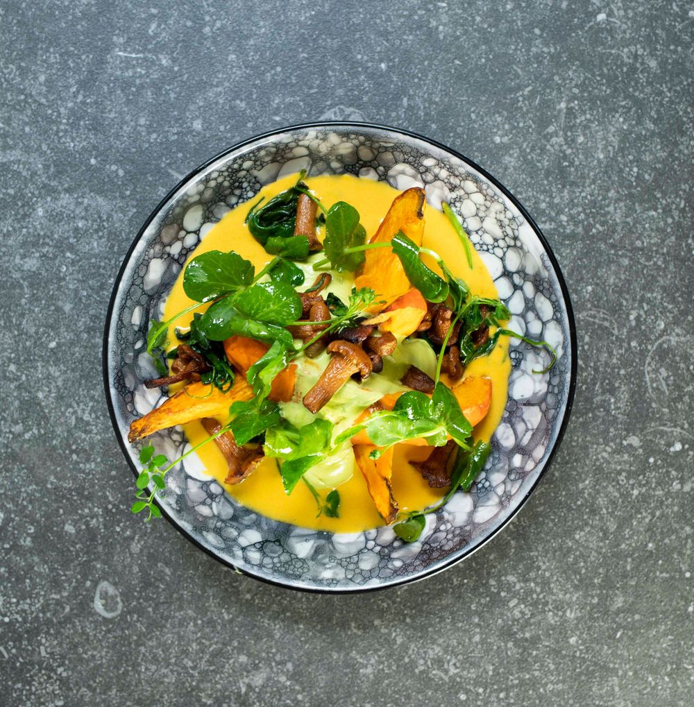 Gourmet salad with roasted squash, mushrooms, greens, and creamy orange sauce in a decorative ceramic bowl.
