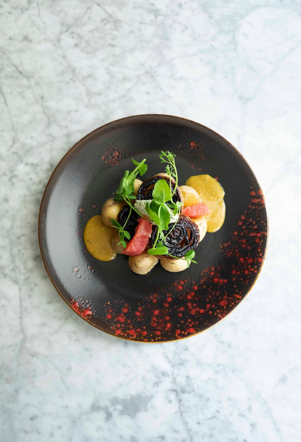 Elegant fine dining dish on dark ceramic plate with roasted beets, citrus, mushrooms, and microgreens on marble surface.