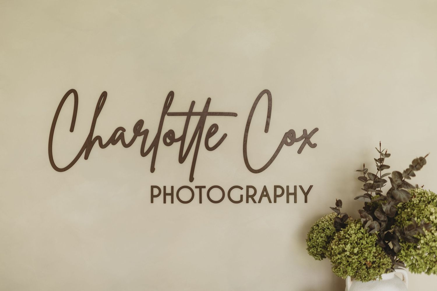 Wooden aesthetic sign, green hydrangeas, lime wash studio, lime wash walls