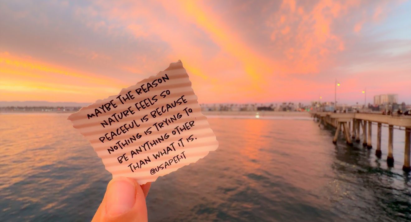 Hand holding a torn paper note with inspirational quote against a stunning pink and orange sunset sky over the ocean.