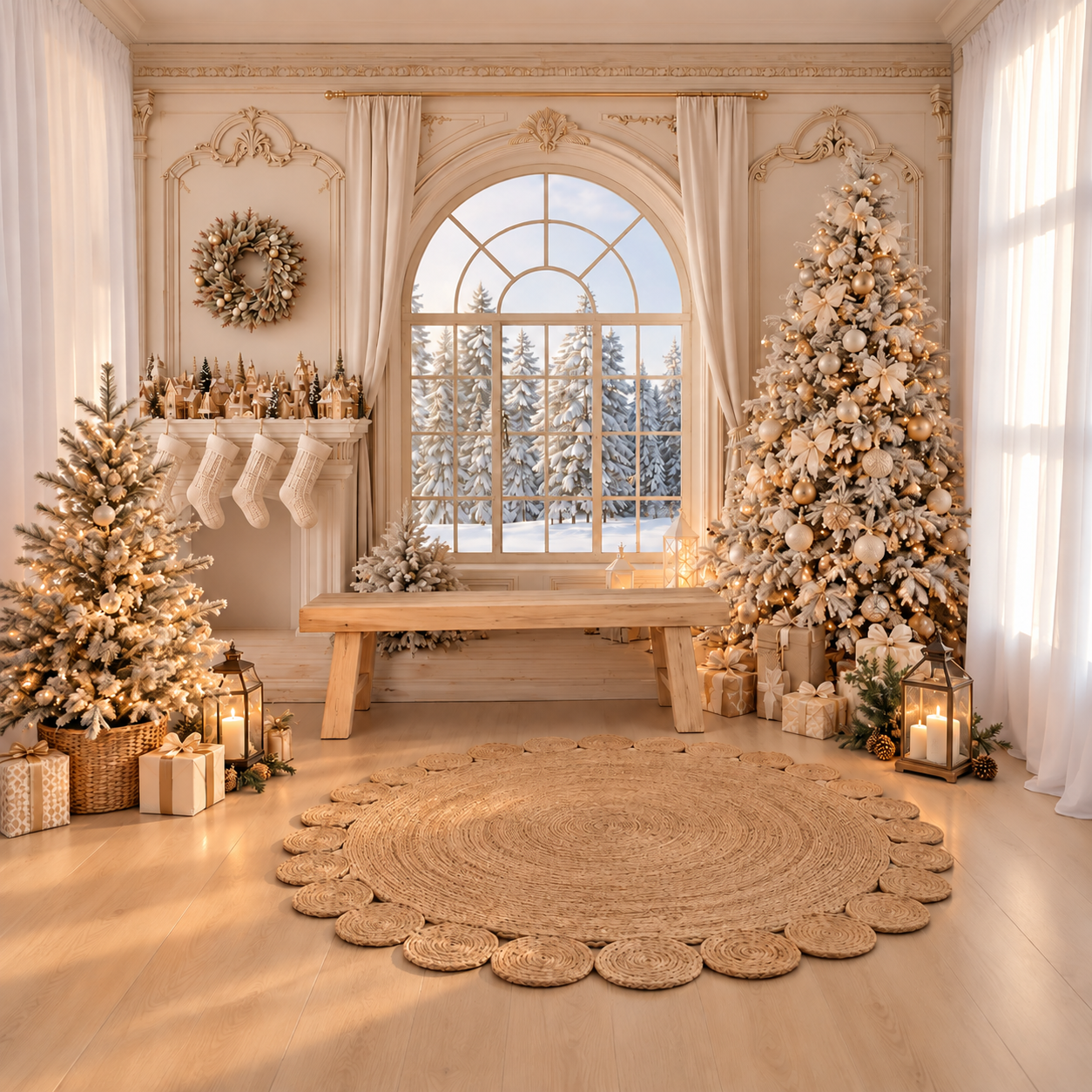 Elegant white Christmas room with decorated trees, fireplace, stockings, gifts, and snowy window view.