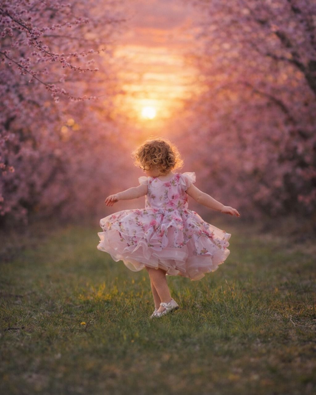 A curly-haired girl in a pink floral dress twirls among blooming pink trees at golden sunset.