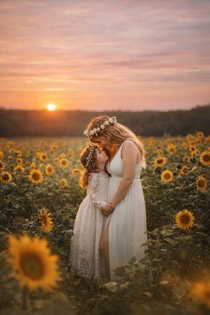A mother and daughter in white dresses embrace tenderly in a sunflower field at golden sunset.