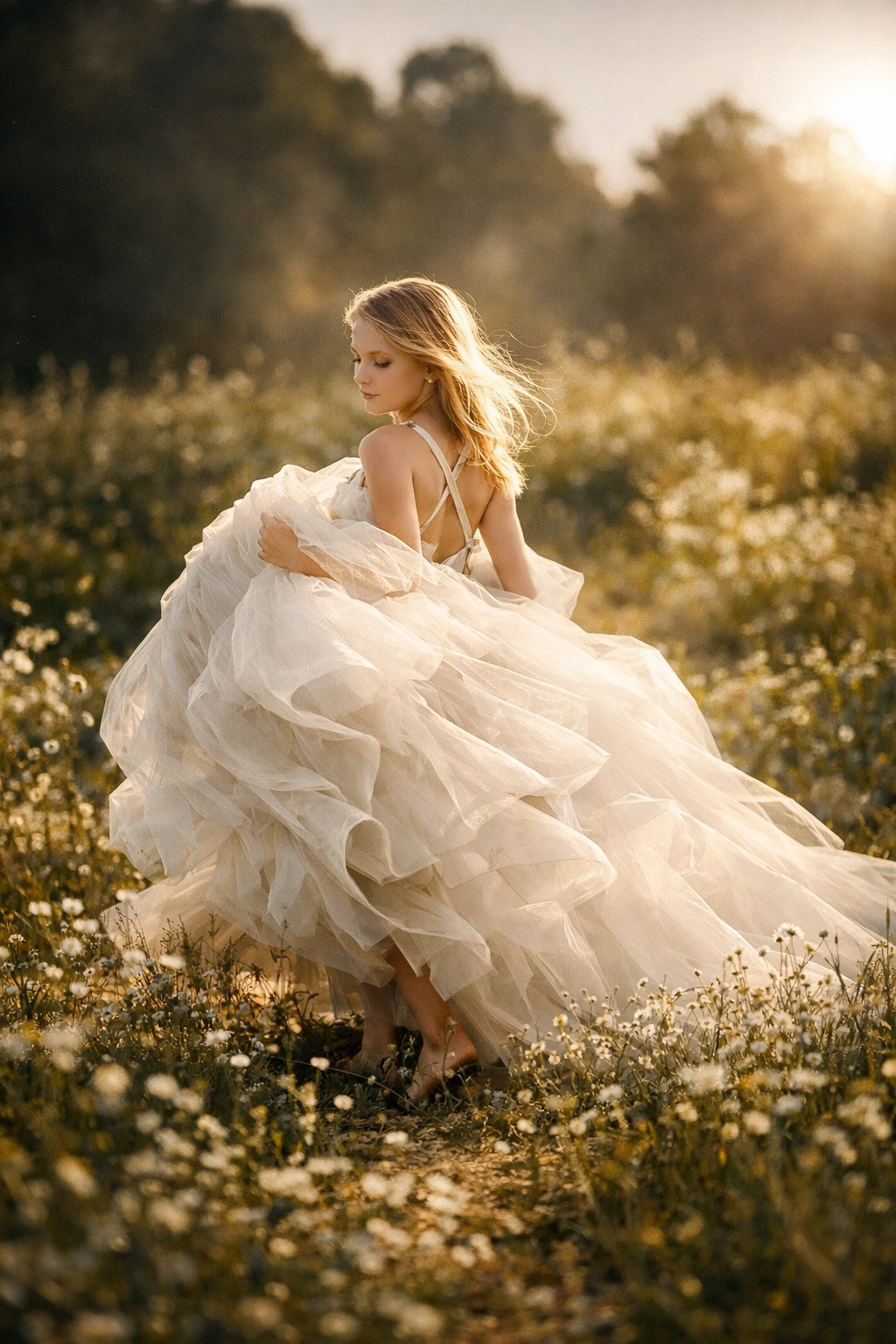 A young girl in a flowing white tulle gown twirls gracefully in a sunlit wildflower meadow.