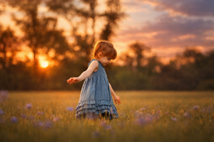 A little girl in a blue dress walks through a wildflower field at golden sunset.