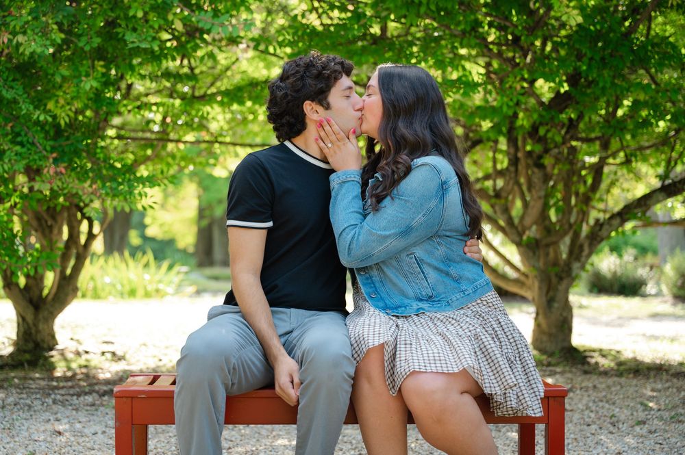 Couple sharing a romantic kiss on a red bench in a lush green park setting on a sunny day.