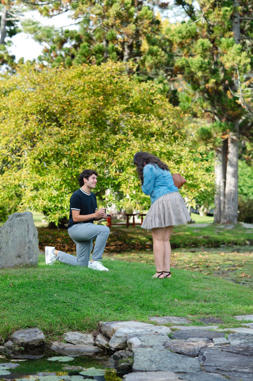 Man proposes on one knee to woman in lush green park by a pond.
