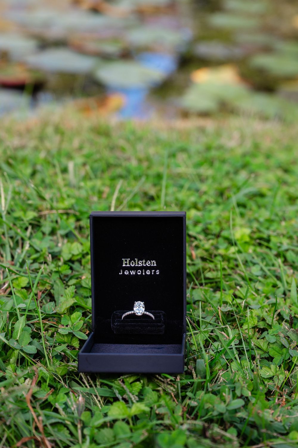 Diamond engagement ring in black Holsten Jewelers box displayed on lush green grass near a pond.