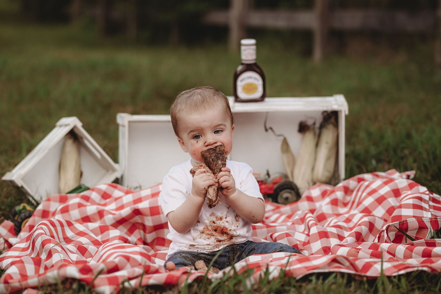 Baby eating chocolate ice cream cone on a red gingham picnic blanket outdoors during a first birthday photo session.