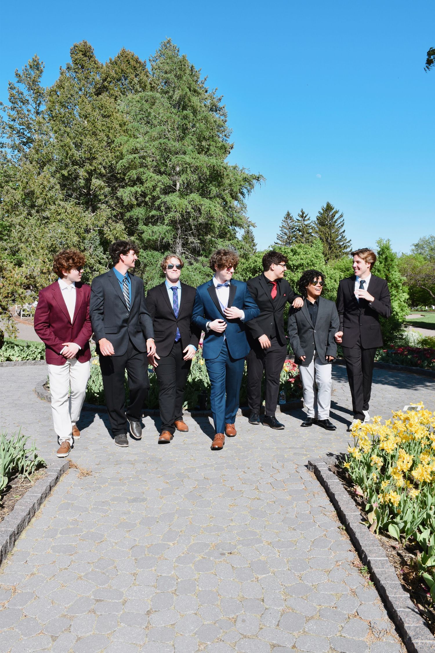Group of young men in formal suits walking together on a garden path surrounded by colorful tulips and trees.