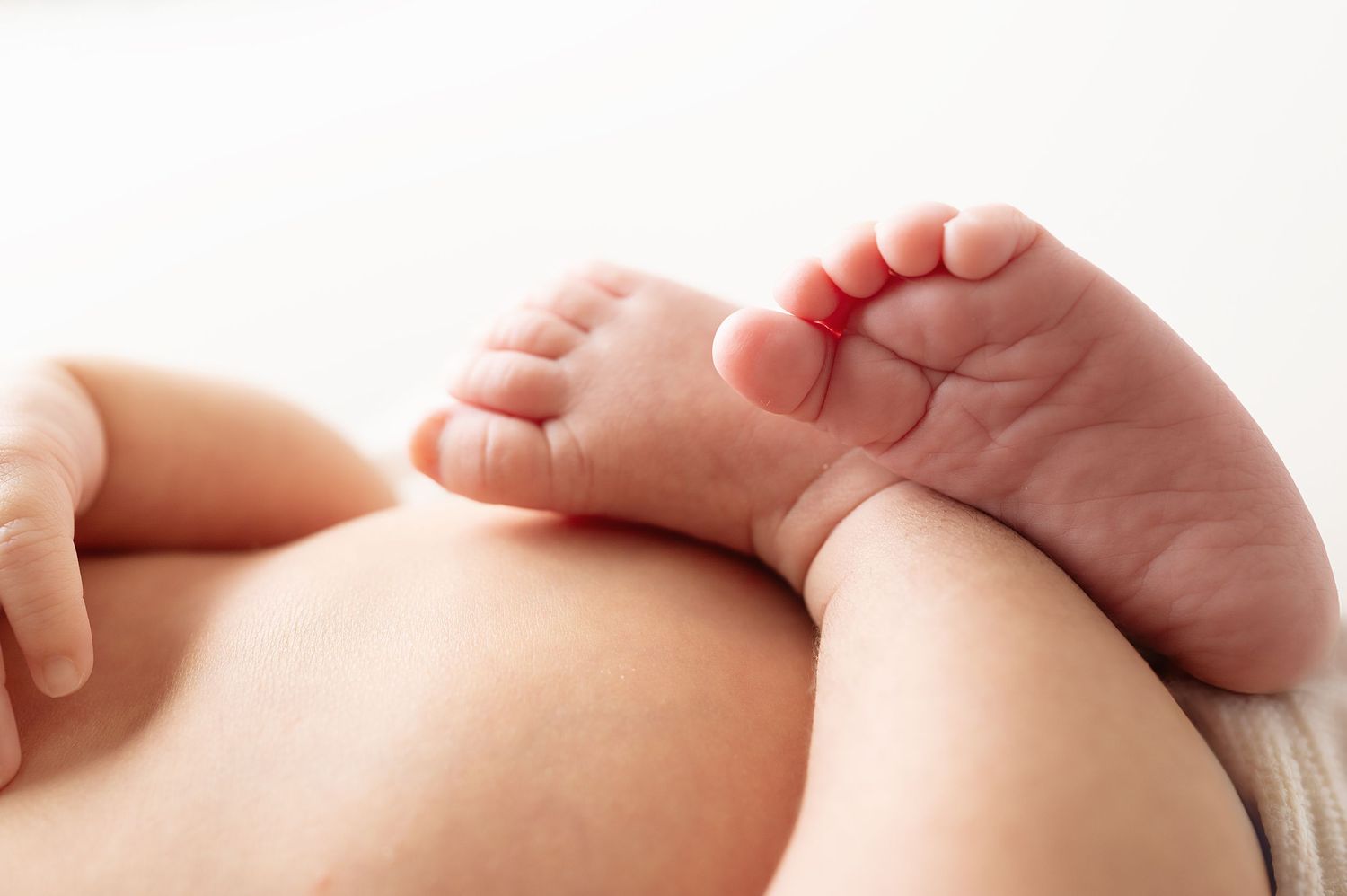 Close-up of tiny baby feet and legs against white background.