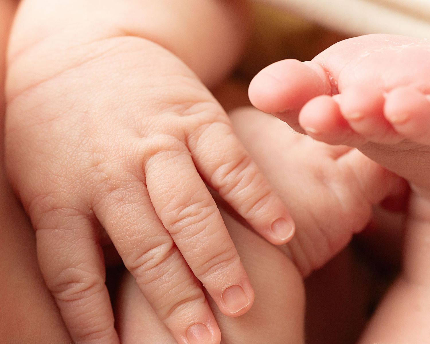 Close-up view of a tiny infant's fingers and hand against a soft pink background.
