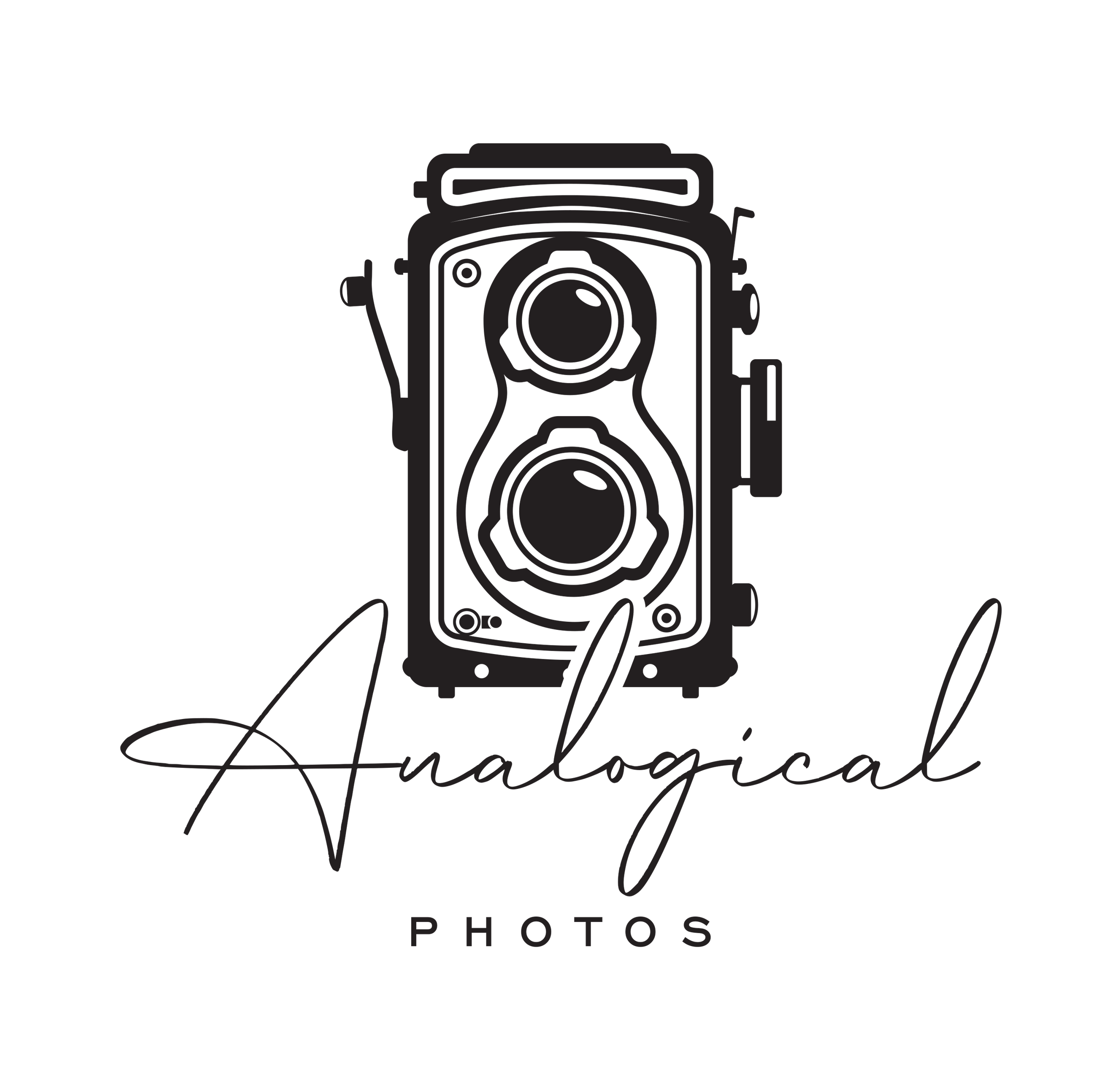 Vintage camera icons arranged in a row with handwritten text spelling 'Analogical Photos' in black and white.