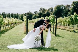People in formal attire pose together in a picturesque vineyard with rows of grapevines under a bright summer sky.