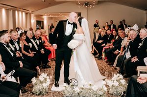 A collage of elegant wedding reception moments showing dining tables with floral centerpieces and guests in formal attire.