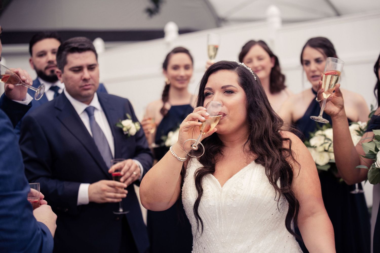 Wedding party raises glasses in celebration during reception toast.