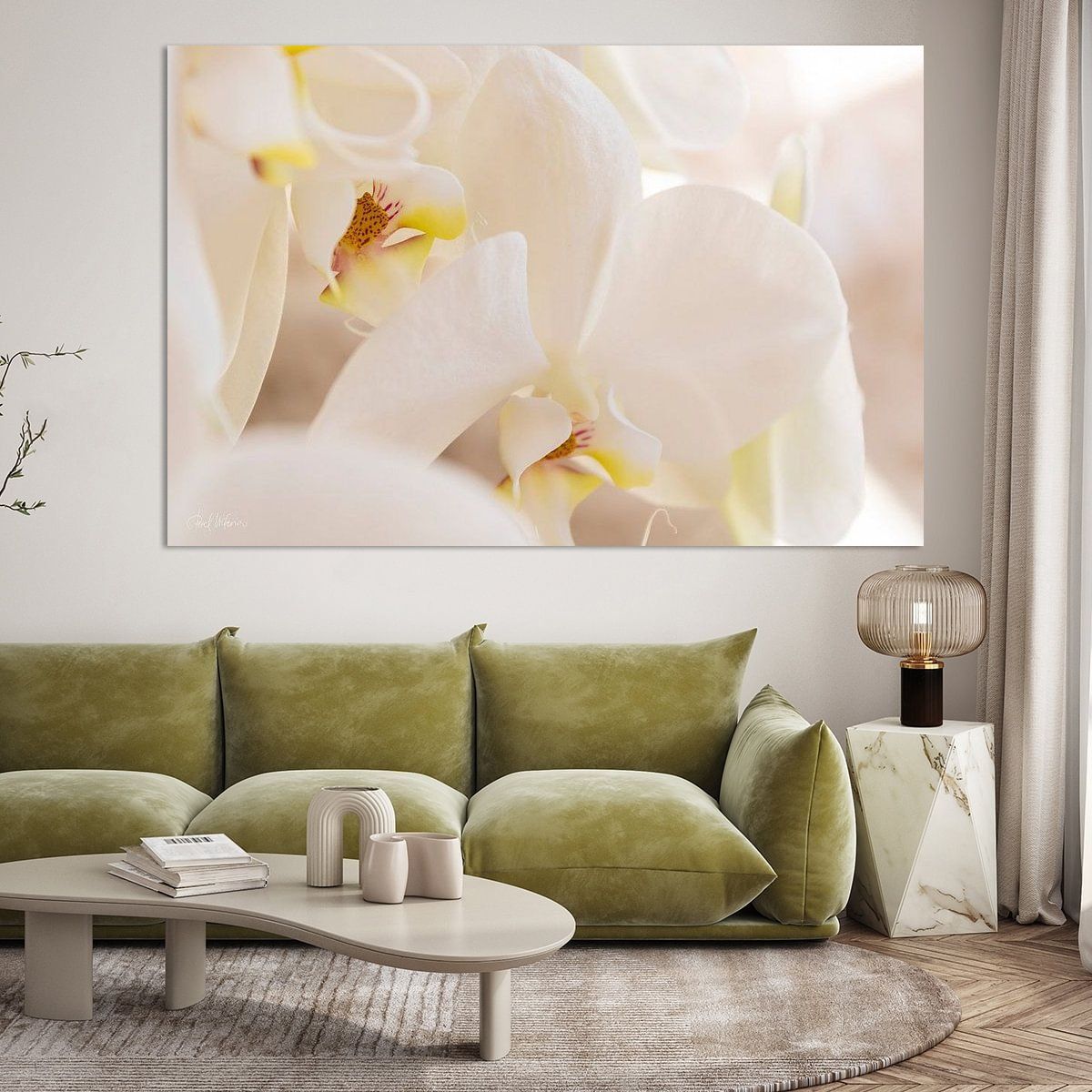 Interior wall art mockup featuring soft floral photography print by Piret Victoria Ribas.