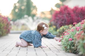 Baby girl in floral dress crawling on brick path reaching for pink flowers in a sunlit garden.