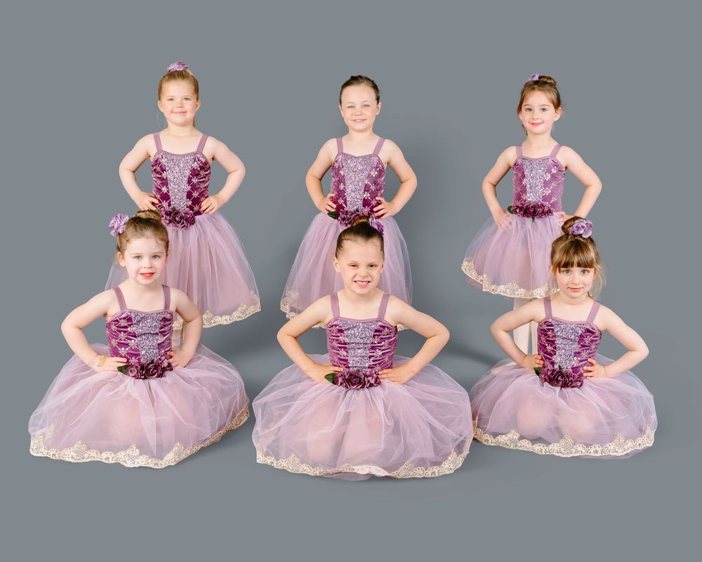 Young ballet dancers in lavender tutus and purple sequined bodices pose gracefully in a dance studio lineup.