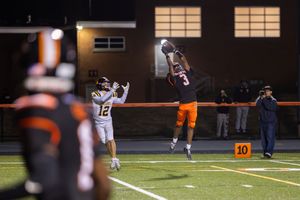 Player makes dramatic leaping catch during nighttime football game.