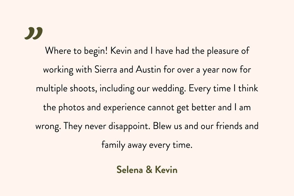 A beige testimonial card featuring a wedding photography review praising Sierra and Austin for their work over multiple shoots.