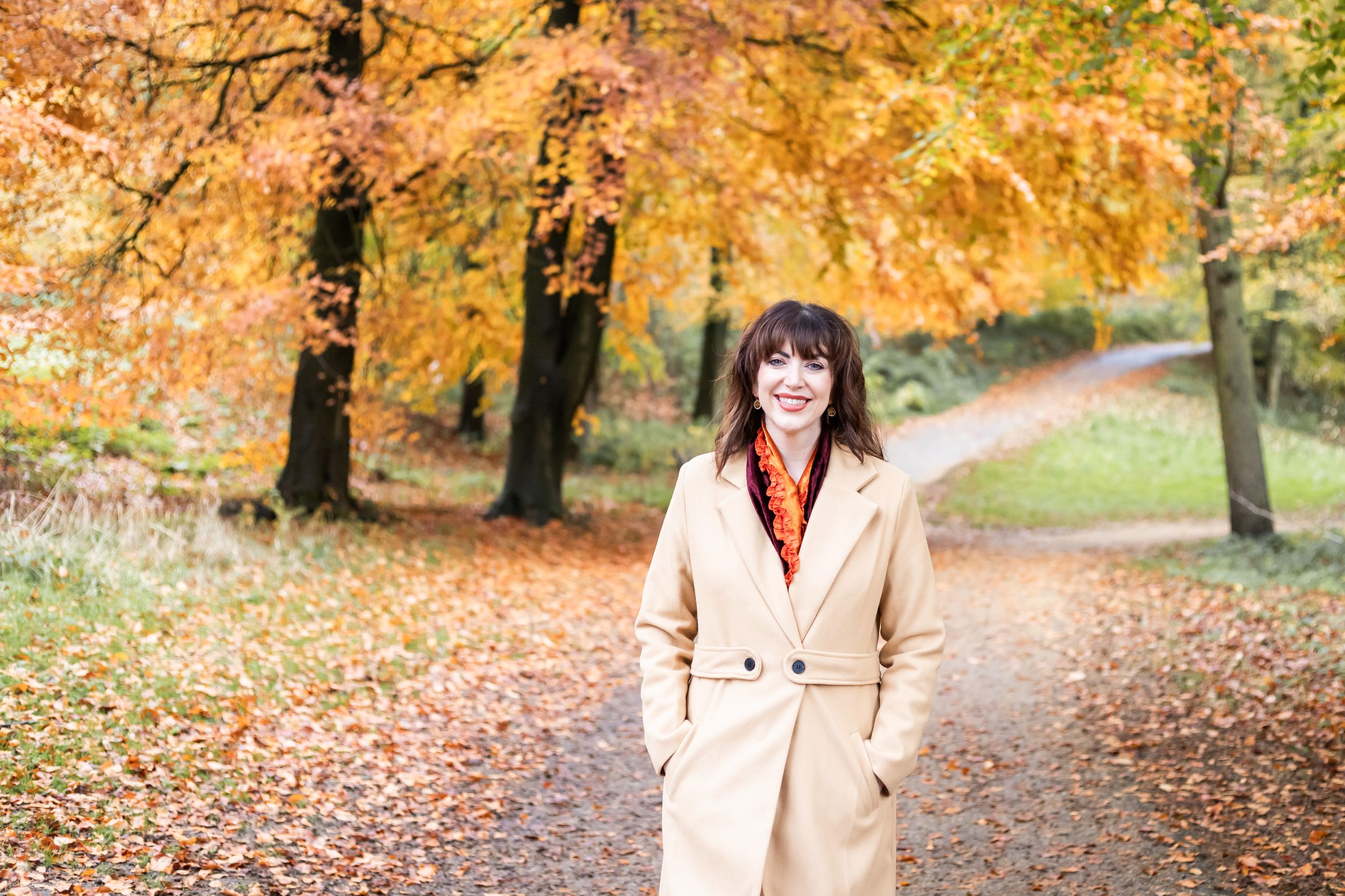 A person walks along a scenic autumn path surrounded by vibrant orange and yellow fall foliage in a park setting.