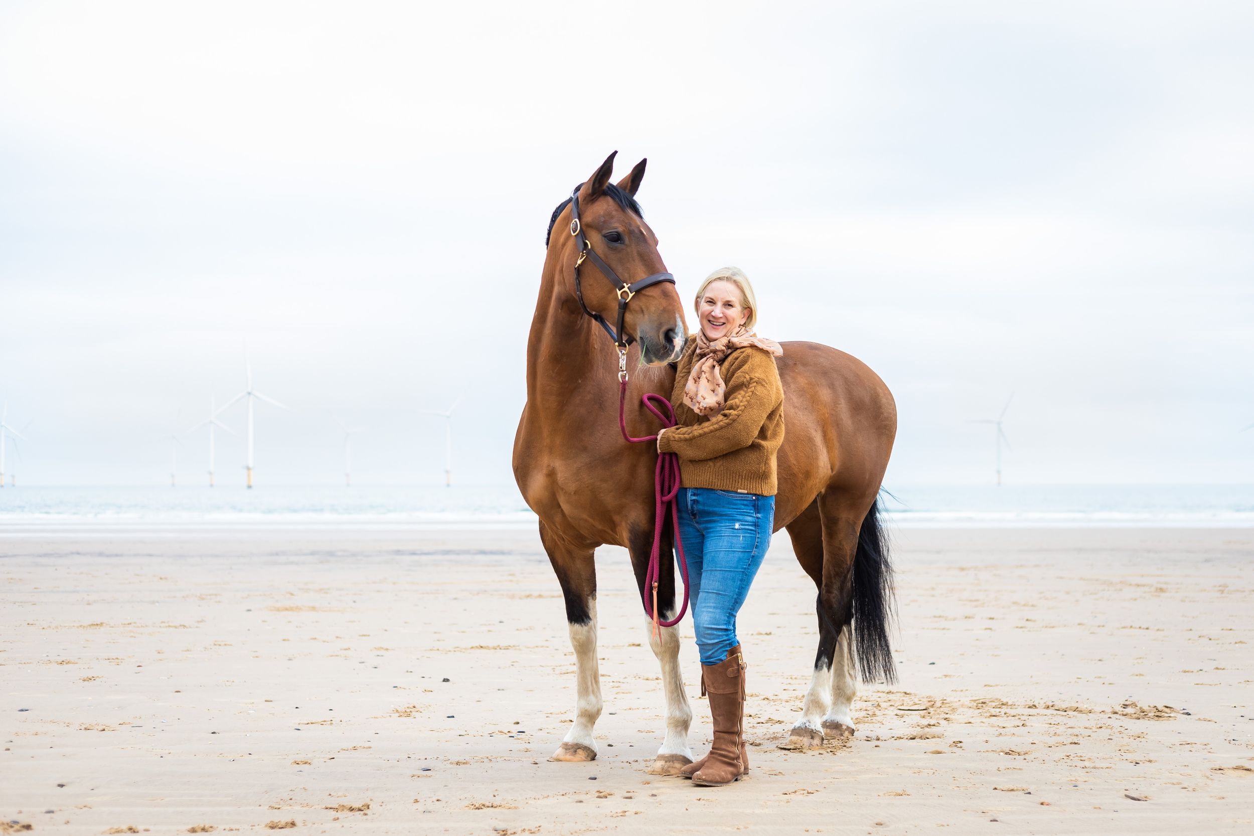 A beautiful brown horse walks along a sandy beach with someone in blue clothing on a cloudy day.