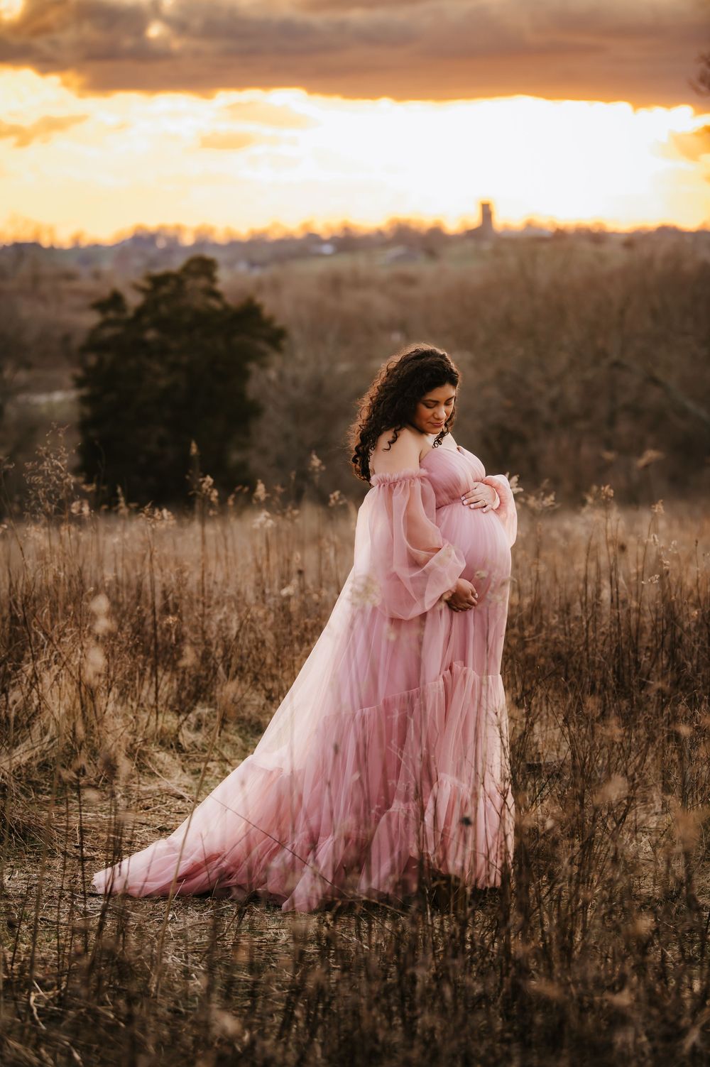 A figure in a flowing pink dress stands in a golden field at sunset, creating a dreamy ethereal scene.