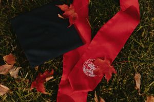 Red graduation tie with university emblem lying on grass with autumn leaves.