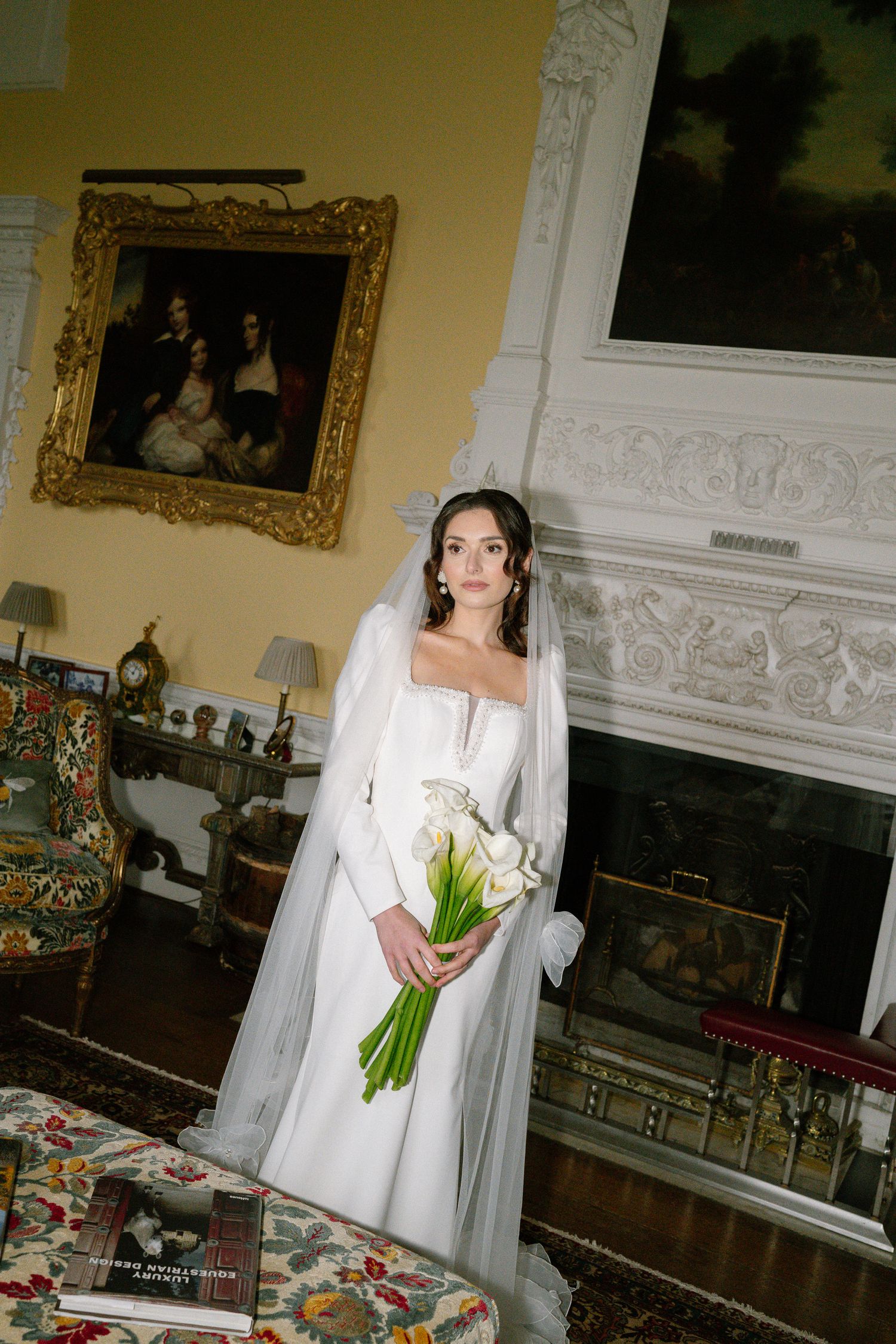 Bride standing inside Kirtlington House, in editorial photoshoot by Hampshire photographer