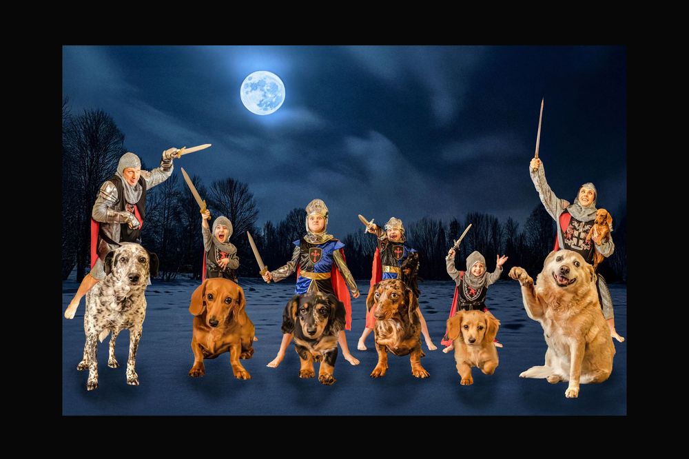 A composite image of a family dressed as knights riding their dachshund dogs into battle on a clear full moon night.