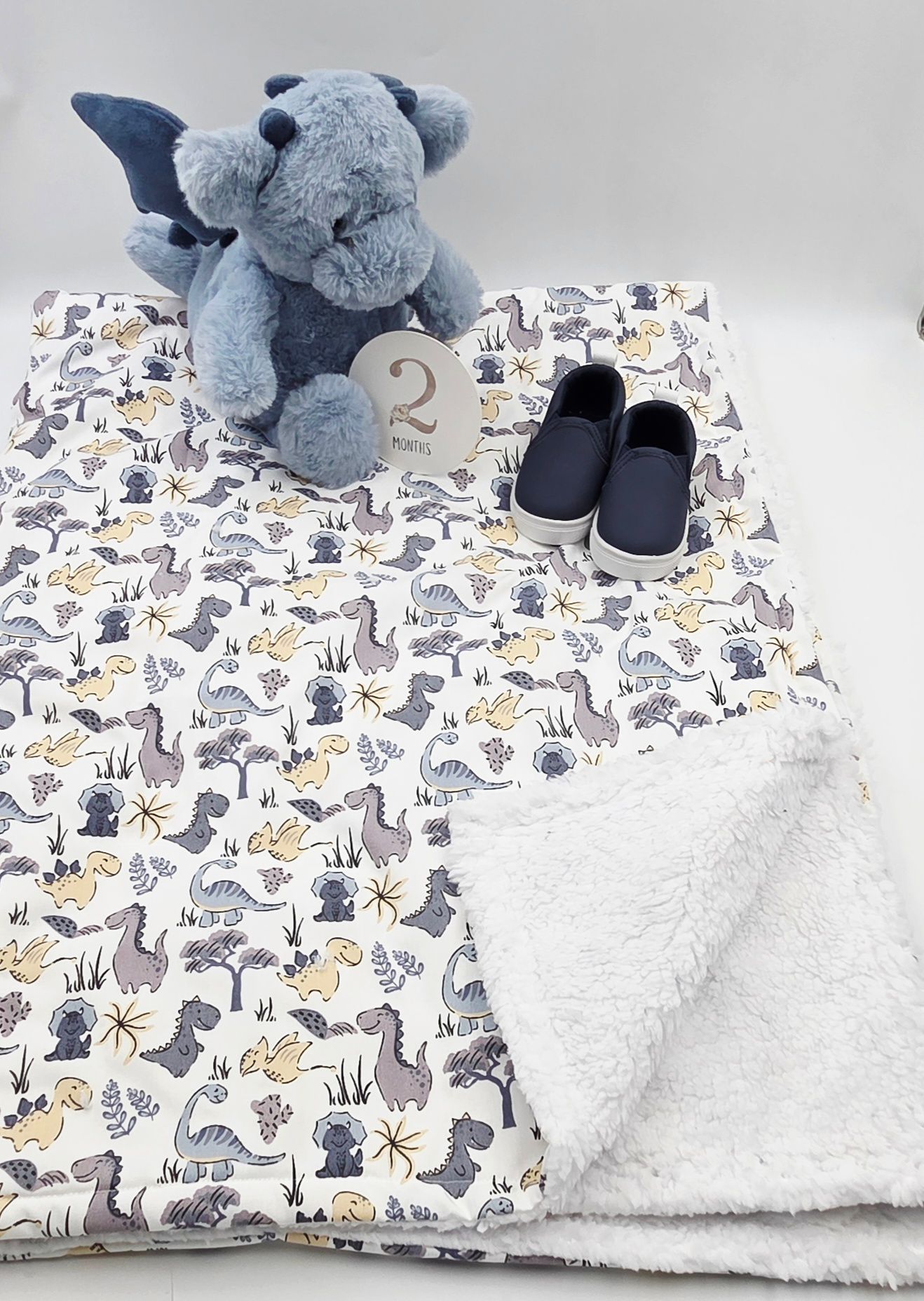 Baby dinosaur print blanket with sherpa backing, blue dragon stuffed animal, navy shoes, and a 2-month milestone card.