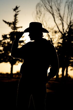 Silhouettes against a sunset sky create a dramatic outdoor portrait scene.